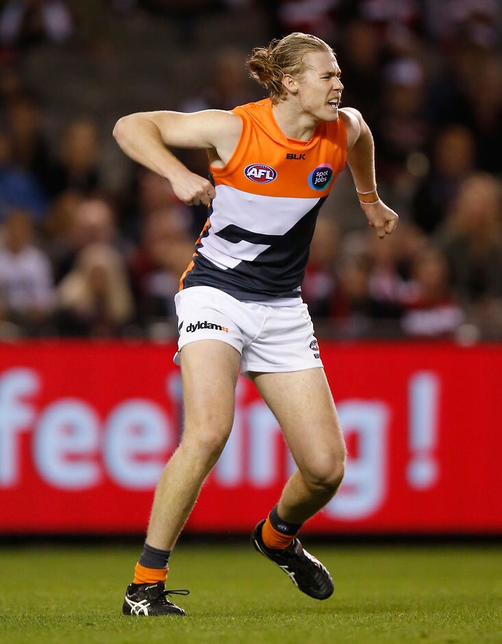 AFL 2015 Rd 01 - St Kilda v GWS Giants Cam McCarthy of the Giants celebrates a goal during the 2015 AFL Round 01 match between the St Kilda Saints and the GWS Giants at Etihad Stadium, Melbourne on April 04, 2015. (Photo: Michael Willson/AFL Media)